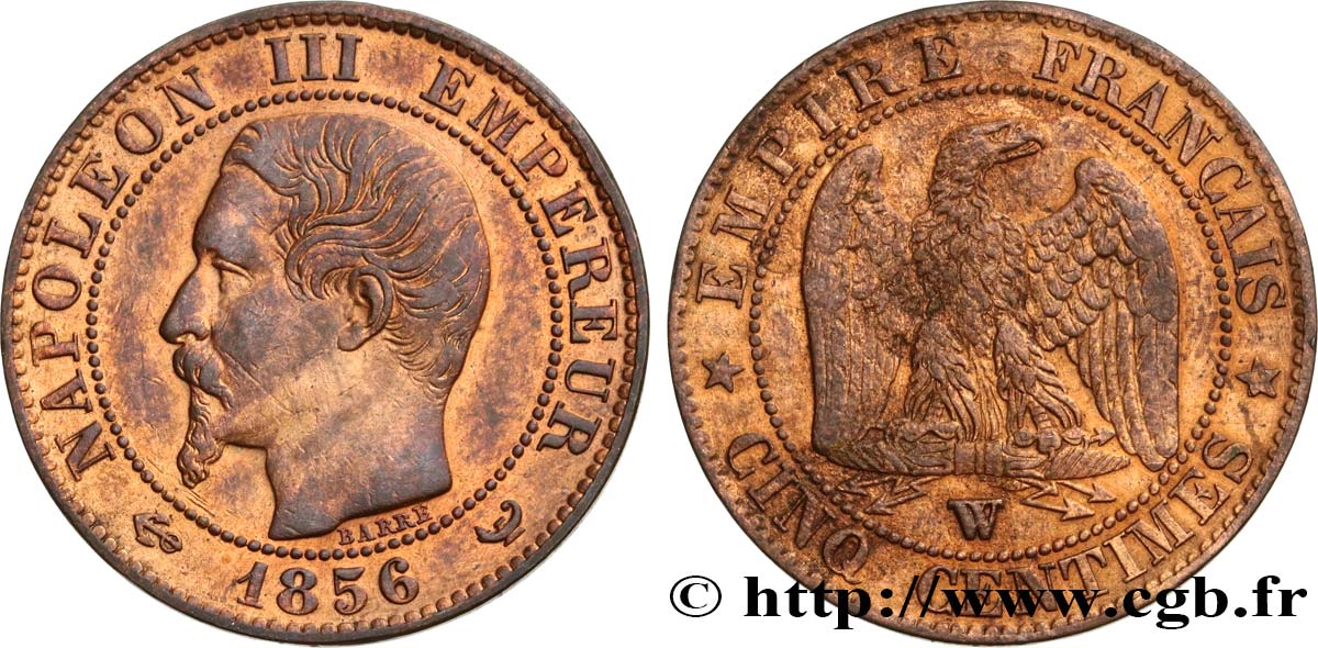 Cinq centimes Napoléon III, tête nue 1856 Lille F.116/36 TTB48 