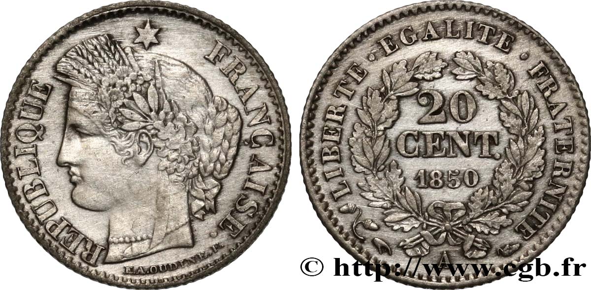 20 centimes Cérès, IIe République 1850 Paris F.146/3 VF 