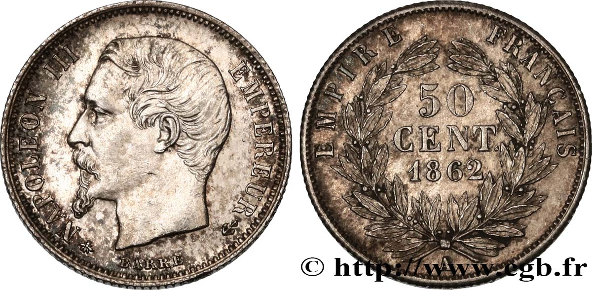 50 centimes Napoléon III, tête nue 1862 Paris F.187/16 SPL58 
