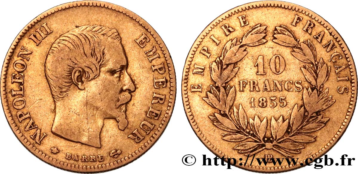 10 francs or Napoléon III, tête nue 1855 Strasbourg F.506/2 VF 