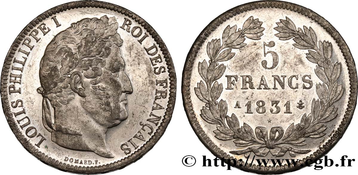 5 francs Ier type Domard, tranche en relief 1831 Paris F.320/1 AU53 