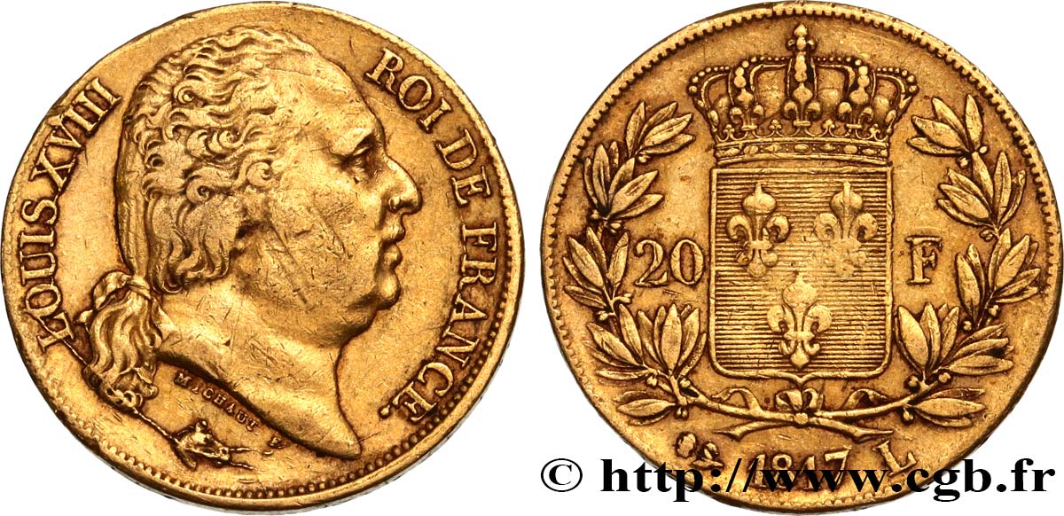 20 francs or Louis XVIII, tête nue 1817 Bayonne F.519/7 XF45 