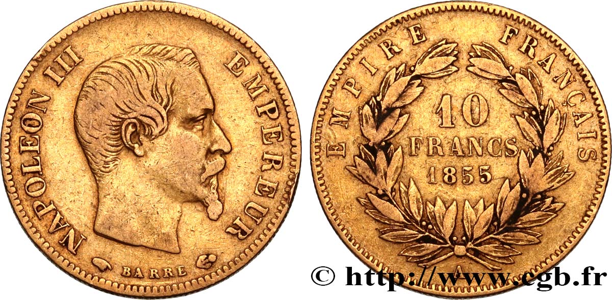 10 francs or Napoléon III, tête nue, grand module 1855 Paris F.506/1 TB30 