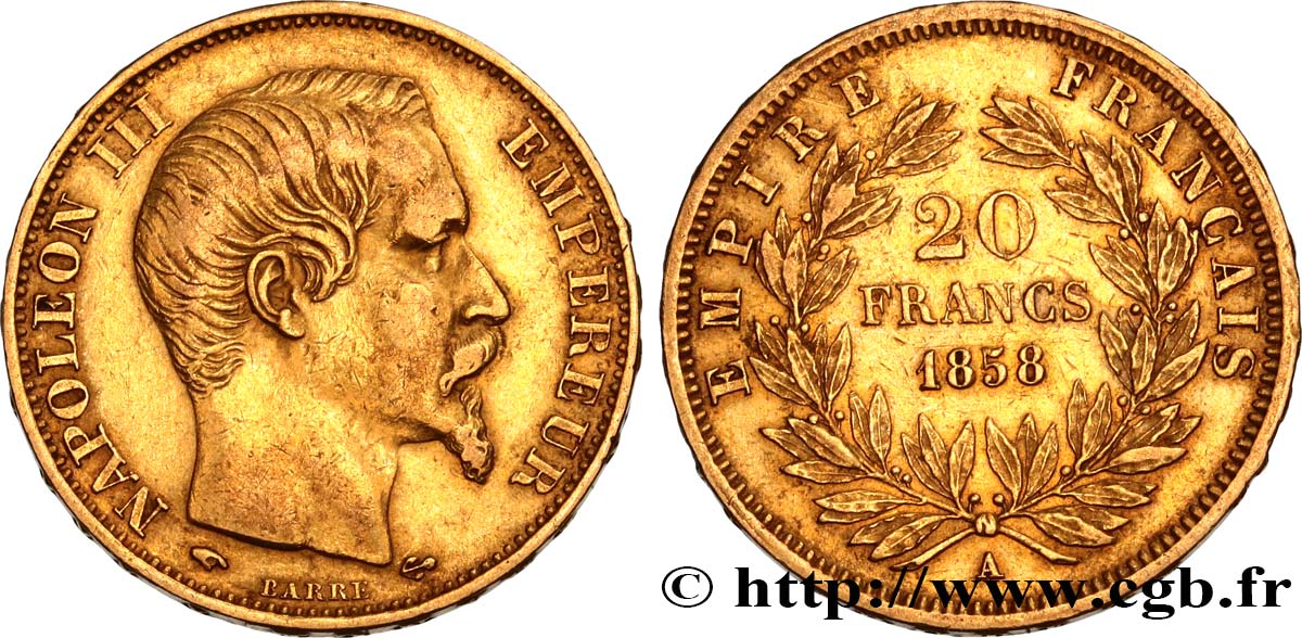 20 francs or Napoléon III, tête nue 1858 Paris F.531/13 XF45 