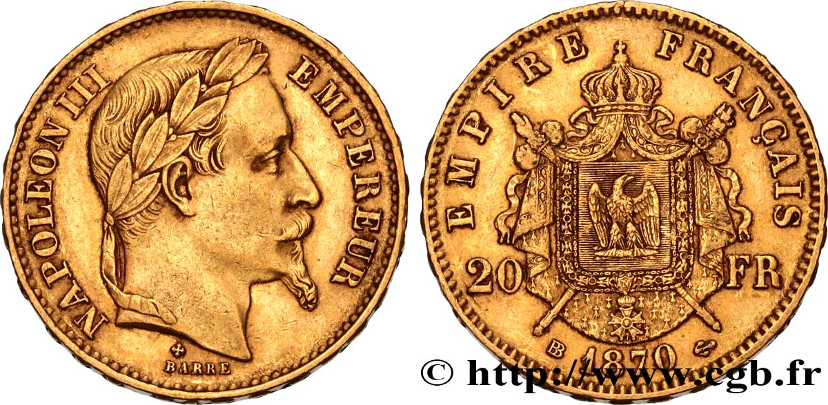20 francs or Napoléon III, tête laurée 1870 Strasbourg F.532/24 TTB48 