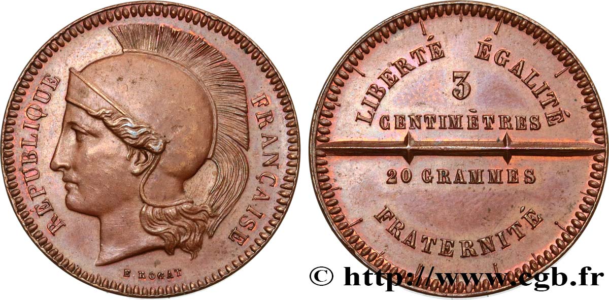 Concours de 10 centimes, essai en cuivre par Rogat, deuxième concours, cinquième revers 1848 Paris VG.3208  VZ60 