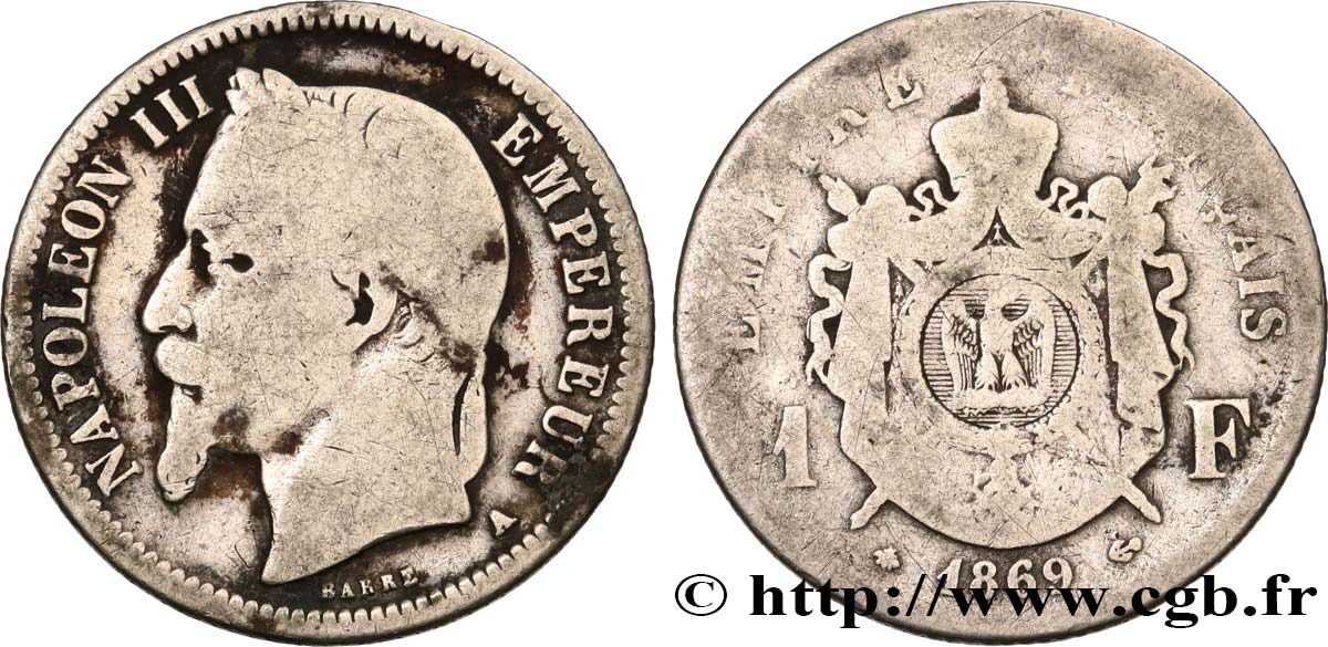1 franc Napoléon III, tête laurée 1869 Paris F.215/14 SGE6 