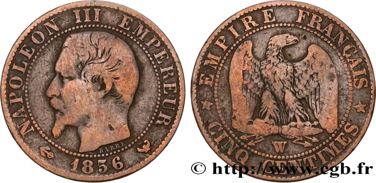 Cinq centimes Napoléon III, tête nue 1856 Lille F.116/36 VF20 
