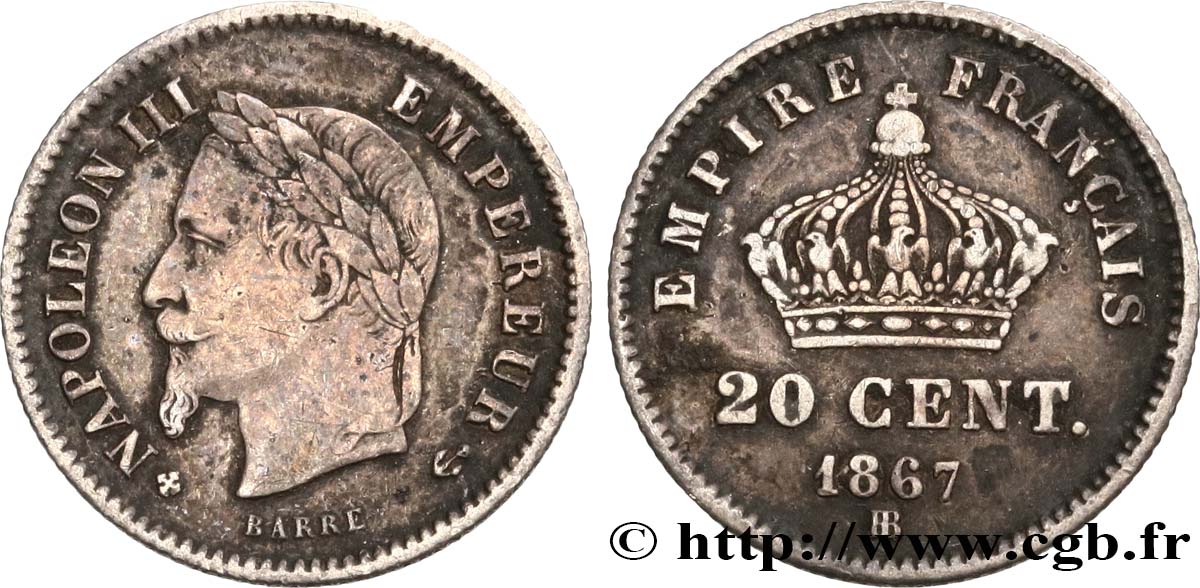 20 centimes Napoléon III, tête laurée, grand module 1867 Strasbourg F.150/2 MB35 
