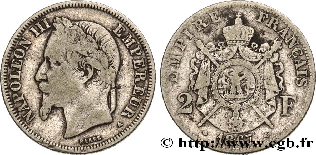 2 francs Napoléon III, tête laurée 1867 Paris F.263/5 S20 