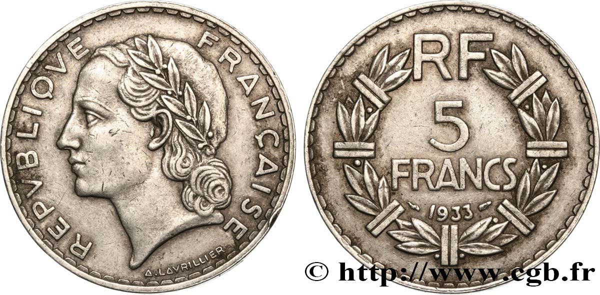 5 francs Lavrillier, nickel 1933  F.336/2 SS 