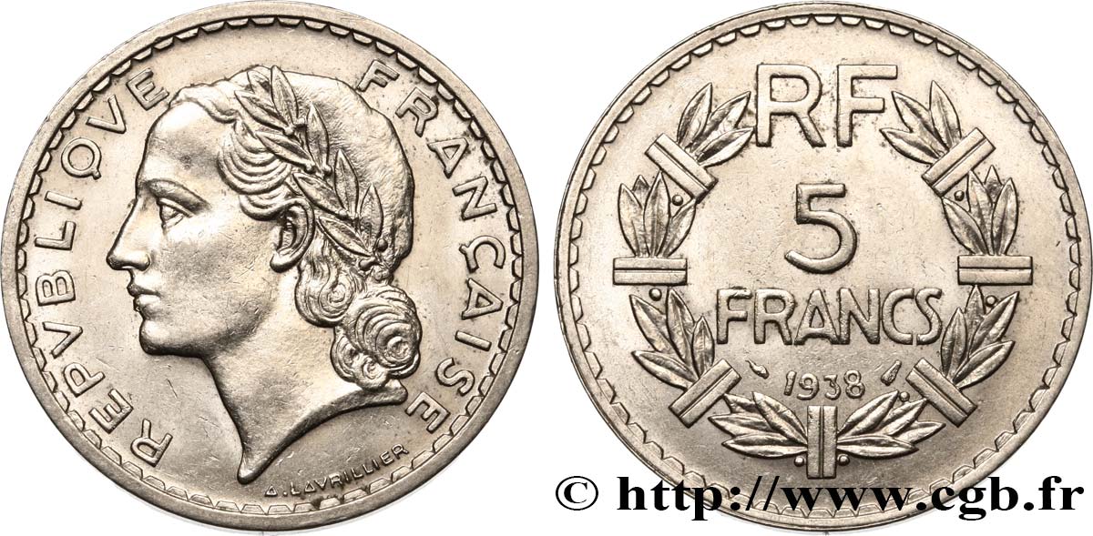 5 francs Lavrillier, nickel 1938  F.336/7 SUP58 