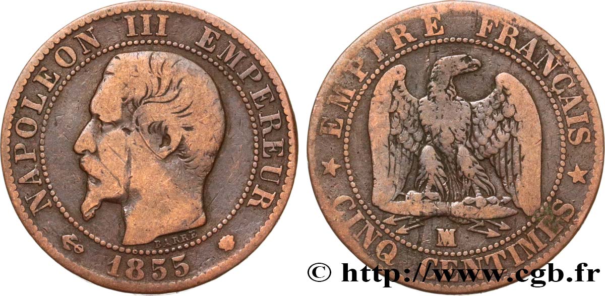 Cinq centimes Napoléon III, tête nue 1855 Marseille F.116/27 F 