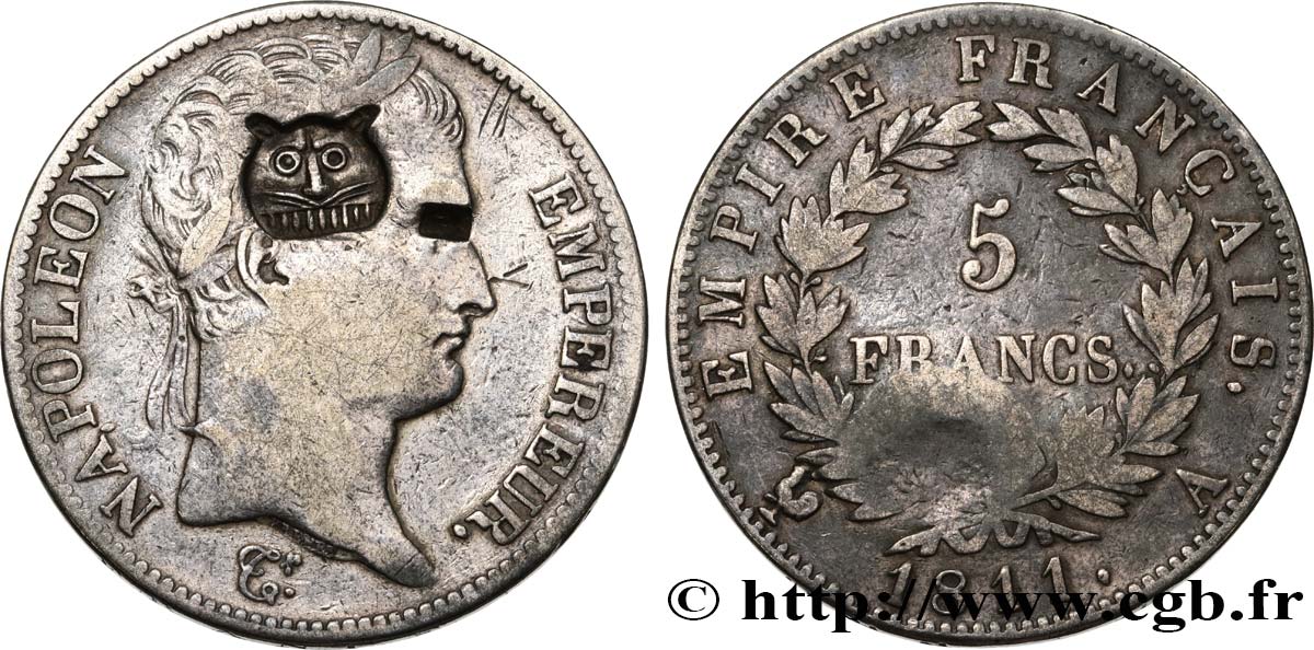5 francs Napoléon Empereur, Empire français, contremarqué d’une tête de tigre 1811 Paris F.307/27 var. TB 