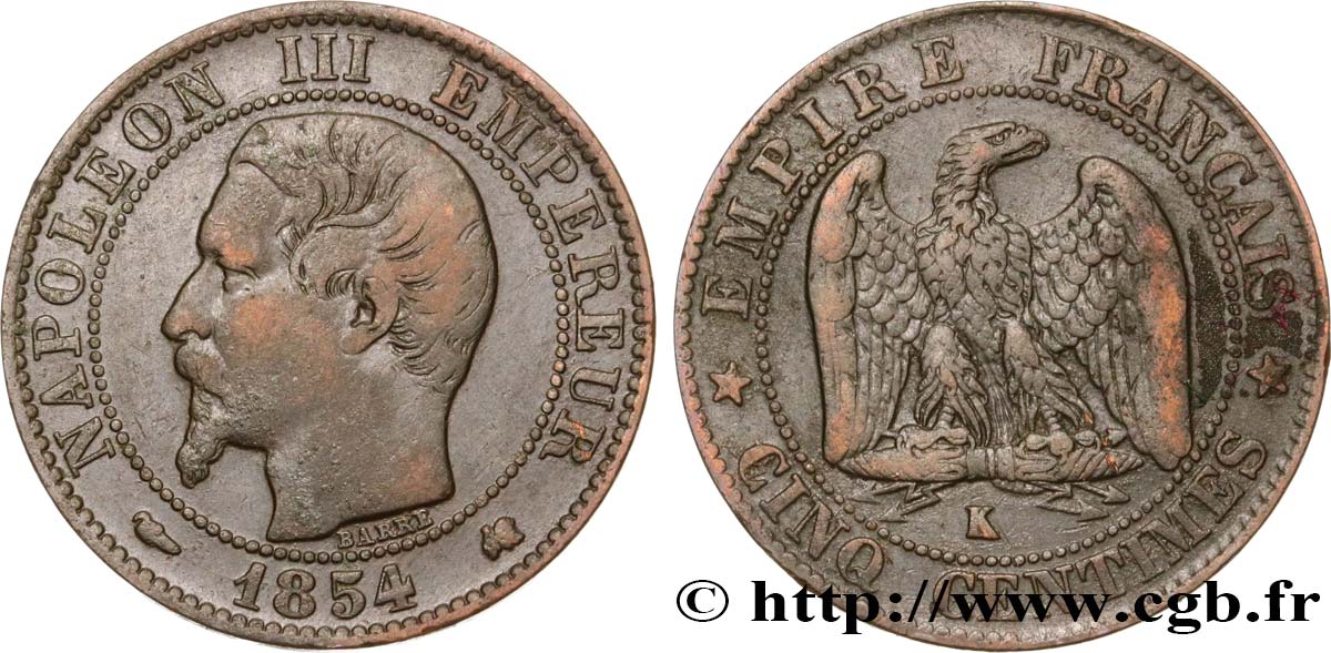 Cinq centimes Napoléon III, tête nue 1854 Bordeaux F.116/13 BB40 