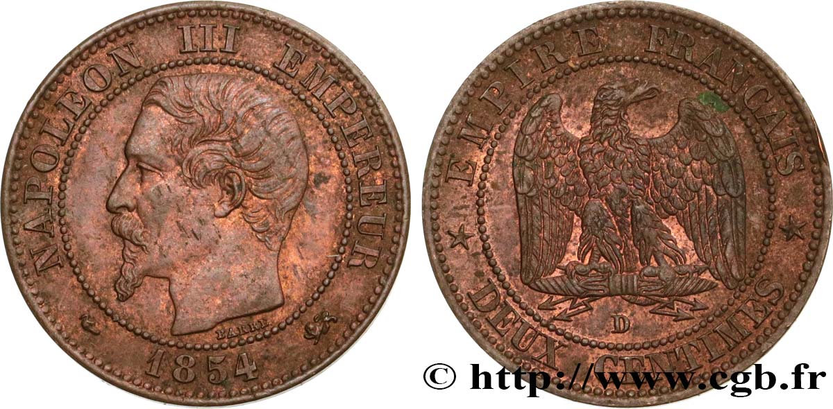 Deux centimes Napoléon III, tête nue 1854 Lyon F.107/15 TTB48 
