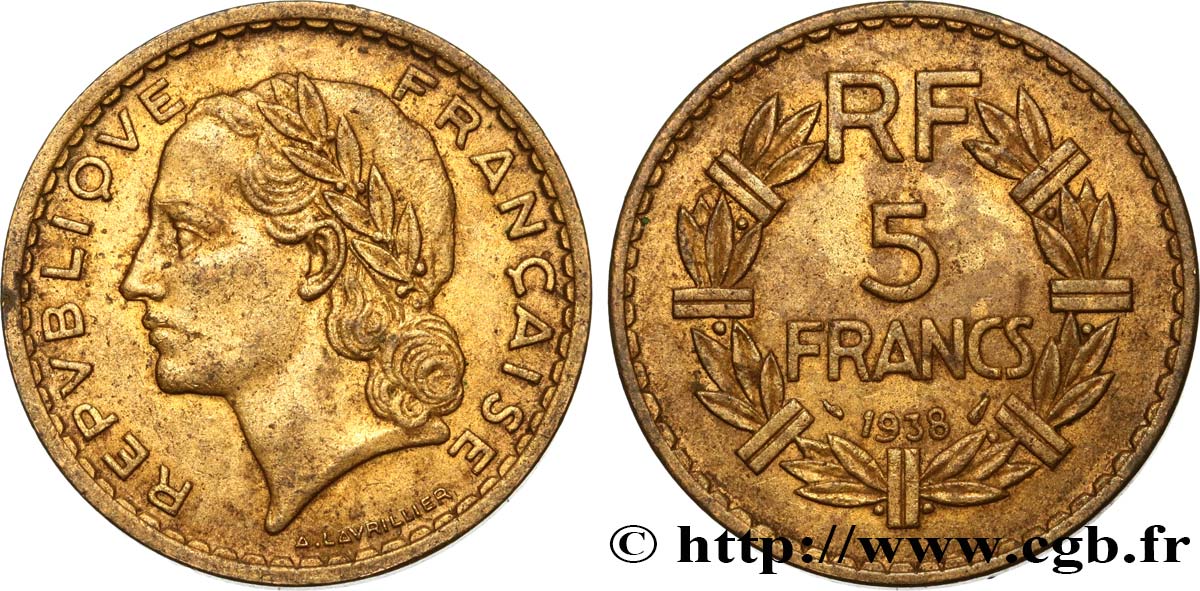 5 francs Lavrillier, bronze-aluminium 1938  F.337/1 TTB48 