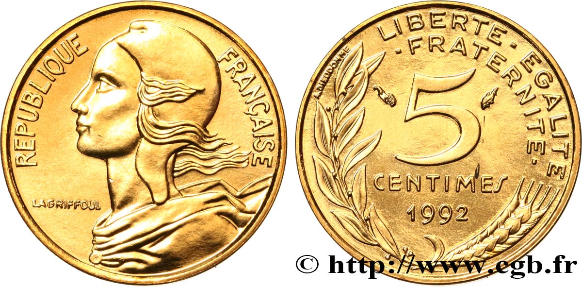 5 centimes Marianne, BU (Brillant Universel), frappe médaille 1992 Pessac F.125/31 FDC 