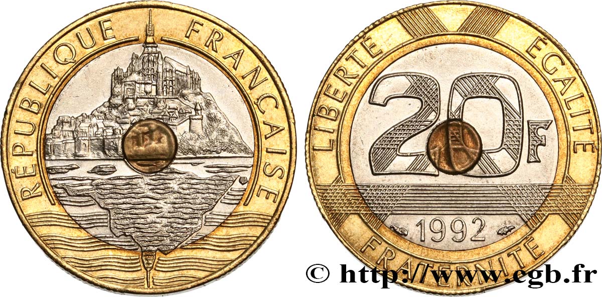 20 francs Mont Saint-Michel, 5 cannelures, \ / ouvert 1992 Pessac F.403/3 SPL55 