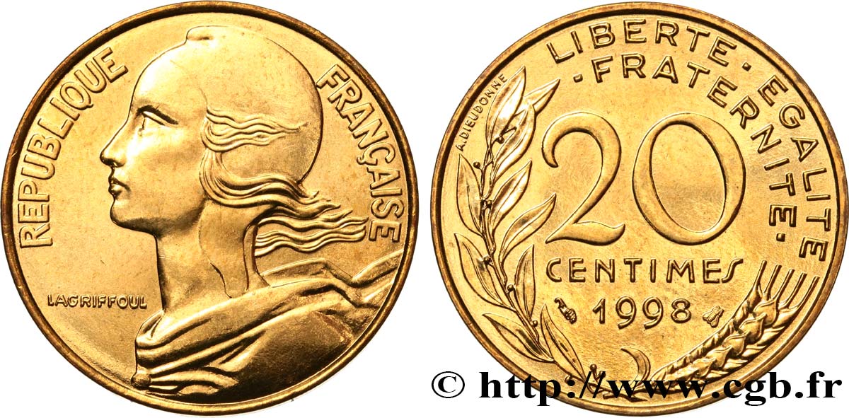20 centimes Marianne, BU (Brillant Universel) 1998 Pessac F.156/42 MS 