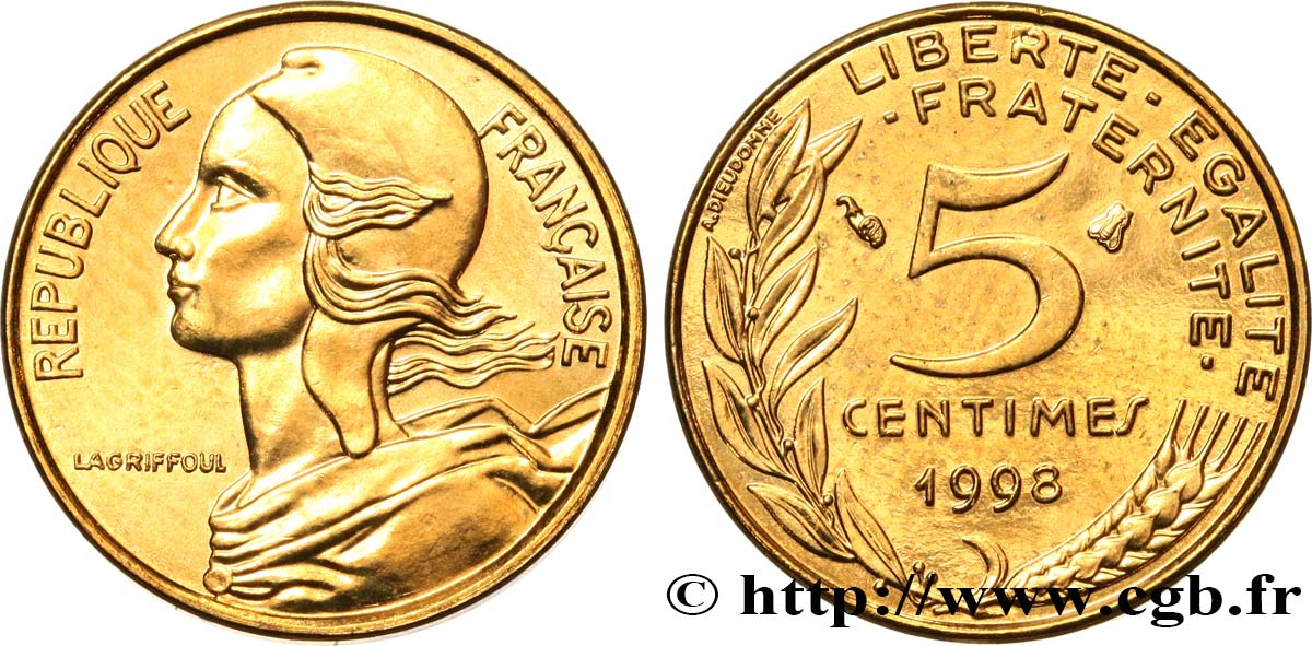 5 centimes Marianne, BU (Brillant Universel) 1998 Pessac F.125/41 FDC 
