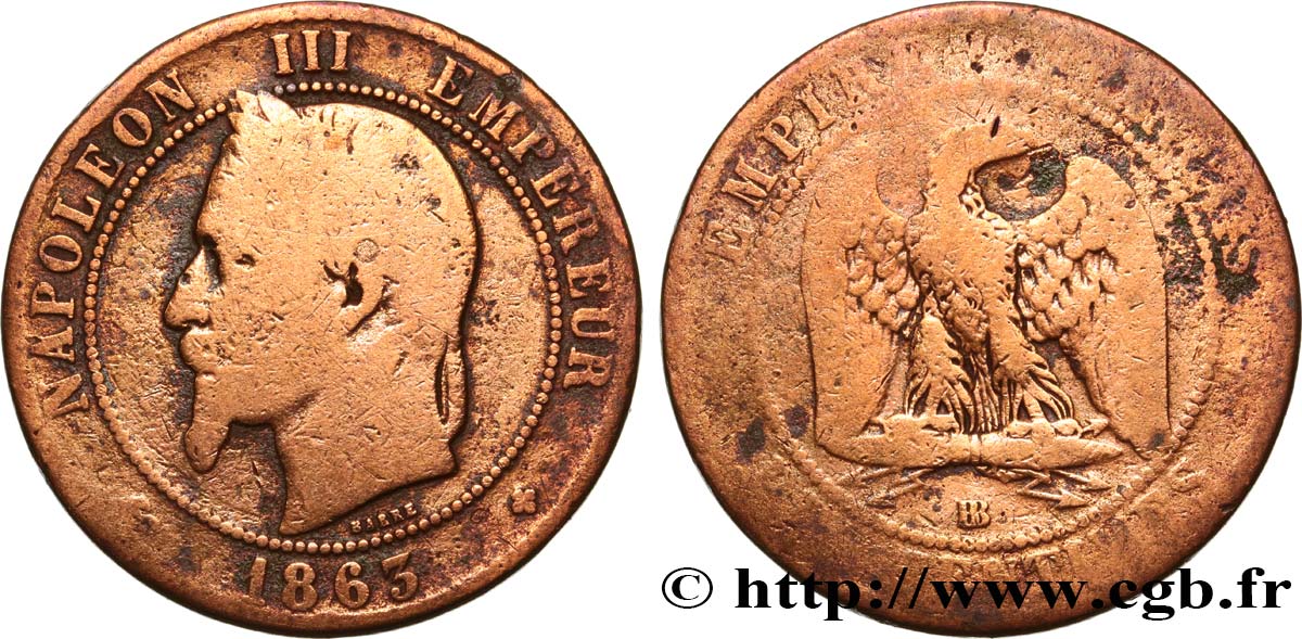 Dix centimes Napoléon III, tête laurée 1863 Strasbourg F.134/11 SGE 