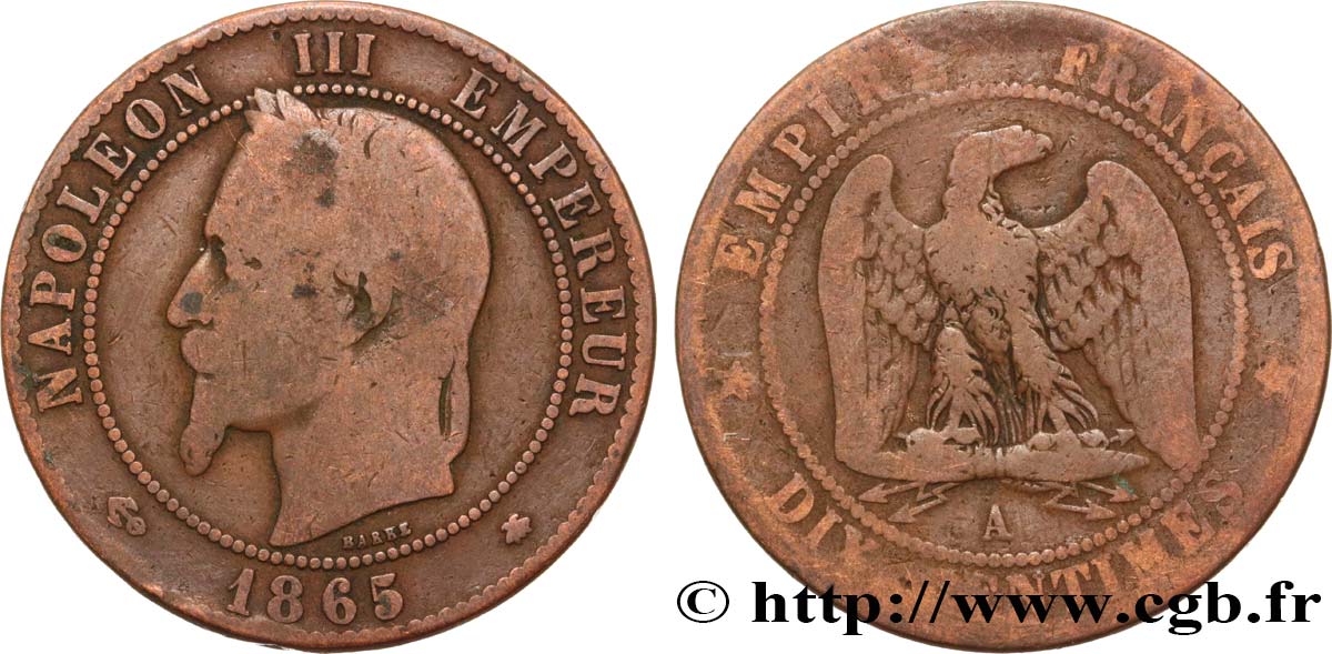 Dix centimes Napoléon III, tête laurée 1865 Paris F.134/16 B12 
