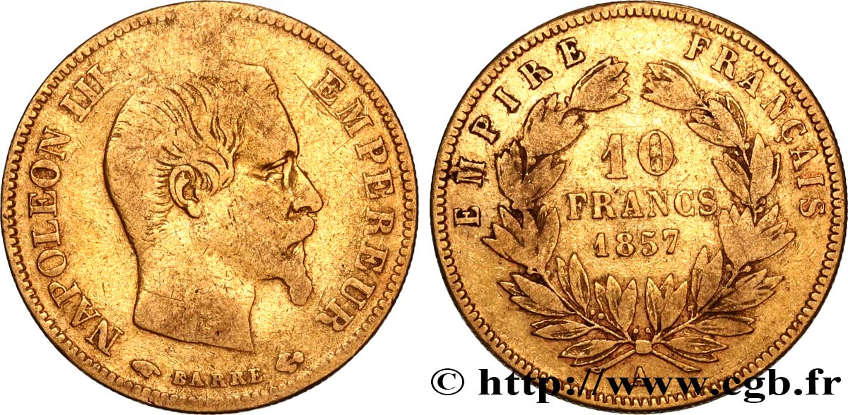 10 francs or Napoléon III, tête nue 1857 Paris F.506/4 VF20 