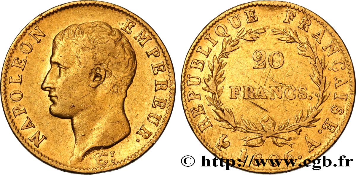 20 francs or Napoléon tête nue, Calendrier grégorien 1806 Paris F.513/1 SS 