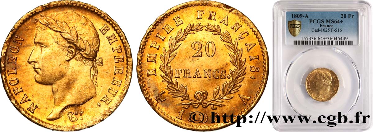 20 francs or Napoléon tête laurée, Empire français 1809 Paris F.516/1 MS64 PCGS