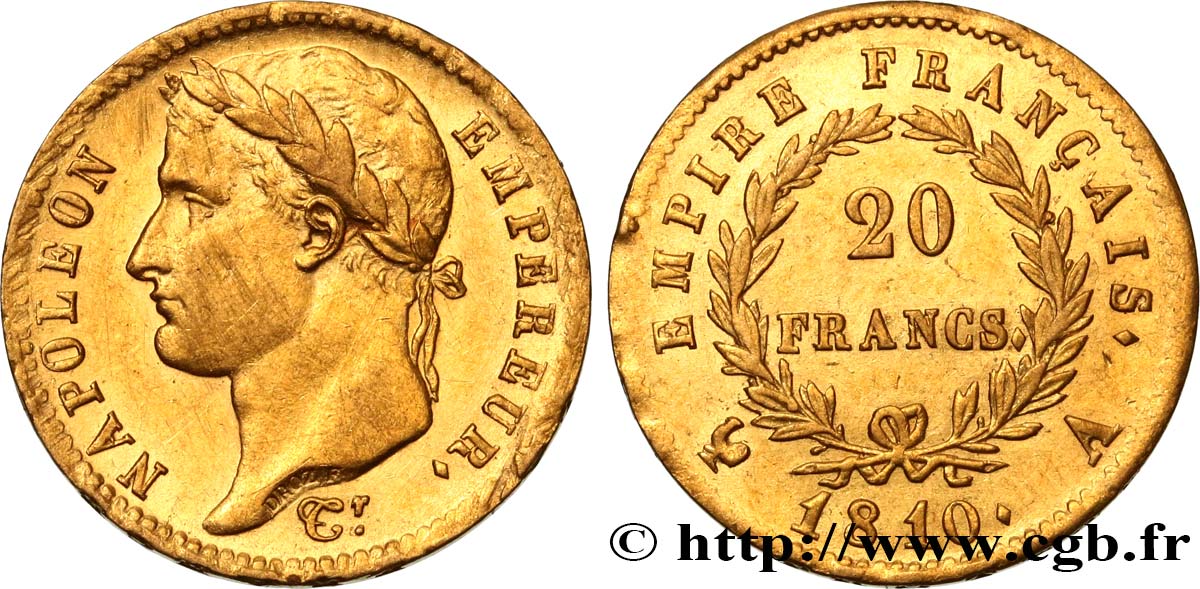 20 francs or Napoléon tête laurée, Empire français 1810 Paris F.516/9 MBC+ 