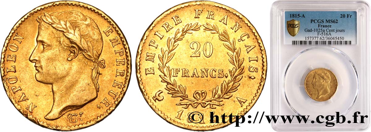 20 francs or Napoléon tête laurée, Cent-Jours 1815 Paris F.516A/1 EBC62 PCGS