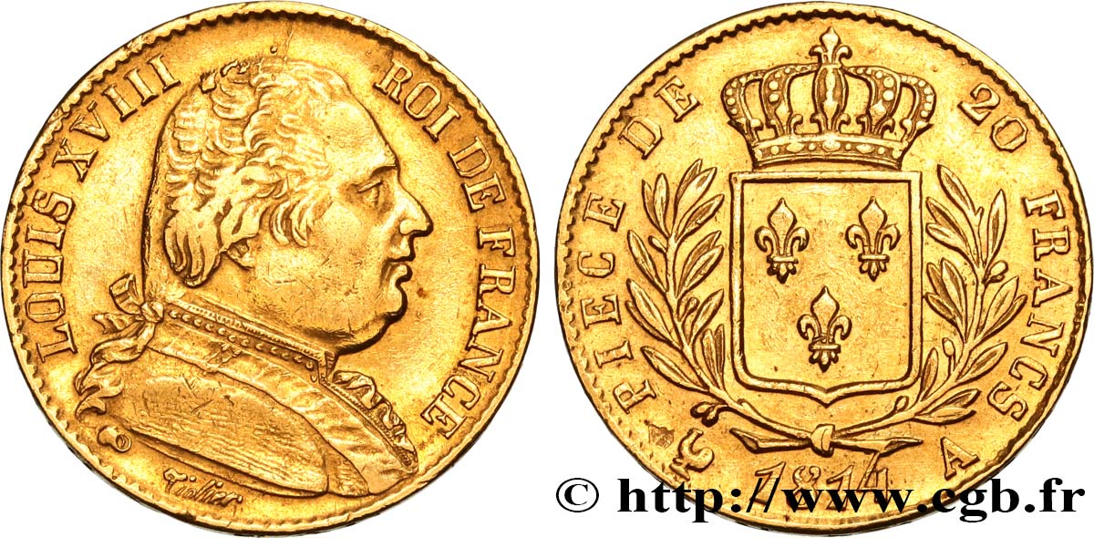 20 francs or Louis XVIII, buste habillé 1814 Paris F.517/1 XF 