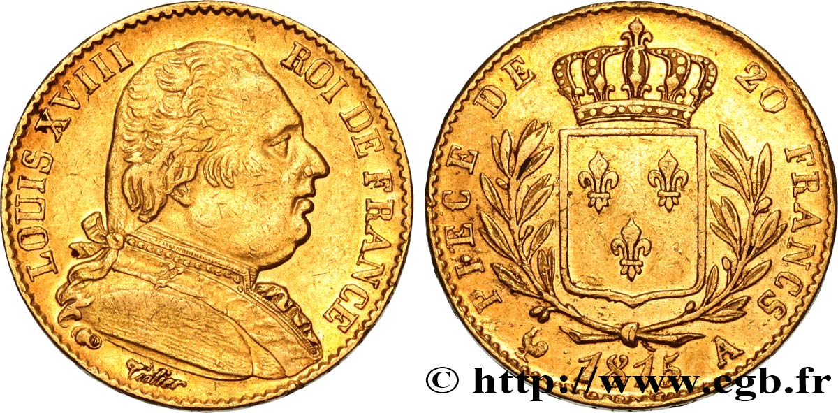 20 francs or Louis XVIII, buste habillé 1815 Paris F.517/10 XF48 