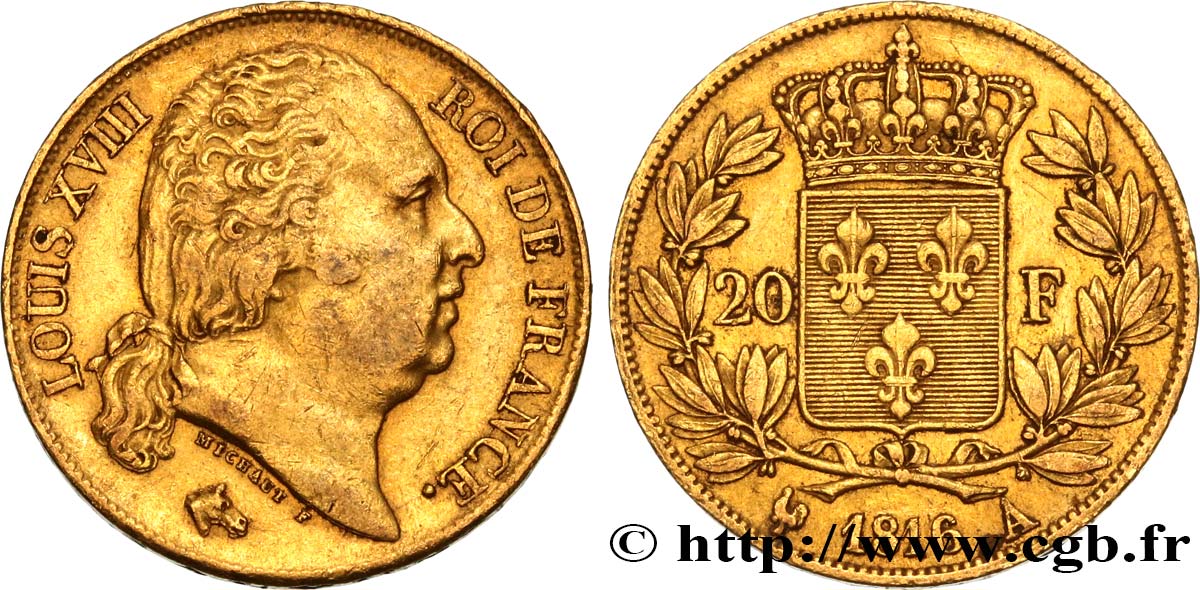 20 francs or Louis XVIII, tête nue 1816 Paris F.519/1 SS45 
