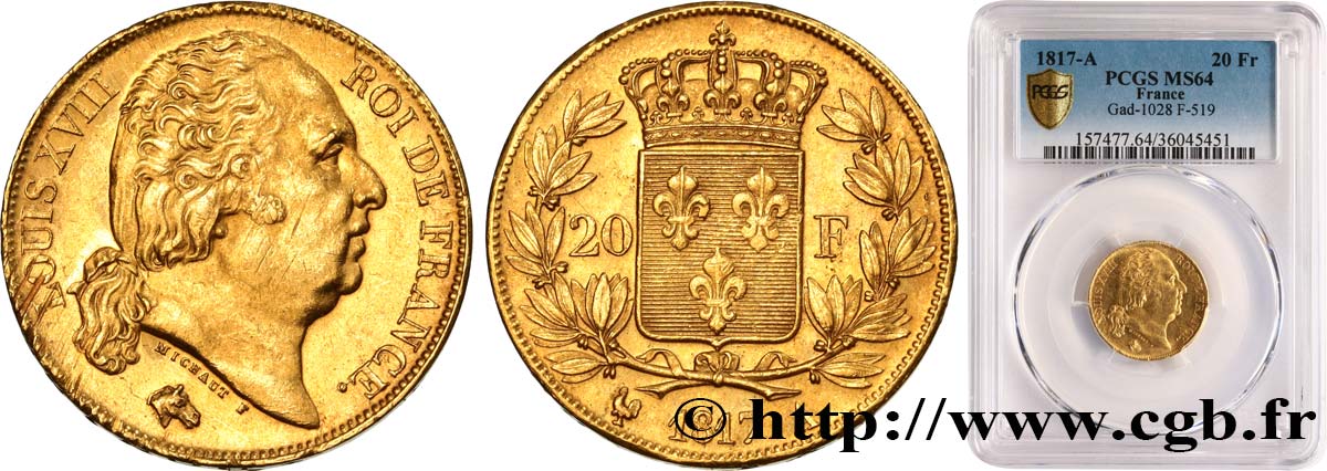20 francs or Louis XVIII, tête nue 1817 Paris F.519/5 fST64 PCGS