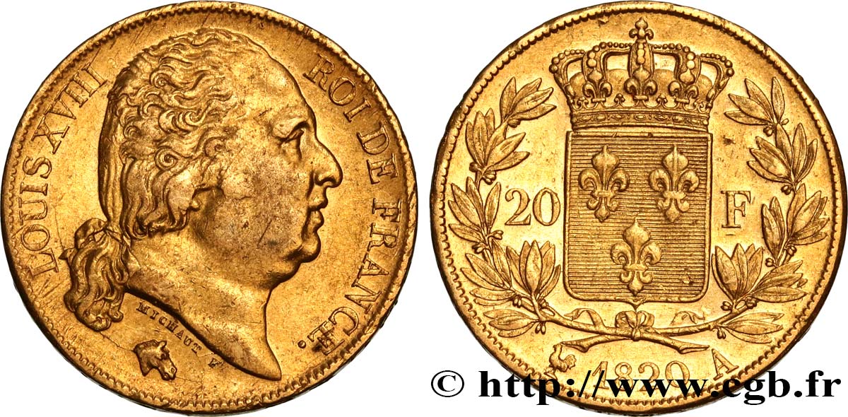 20 francs or Louis XVIII, tête nue 1820 Paris F.519/19 TTB50 
