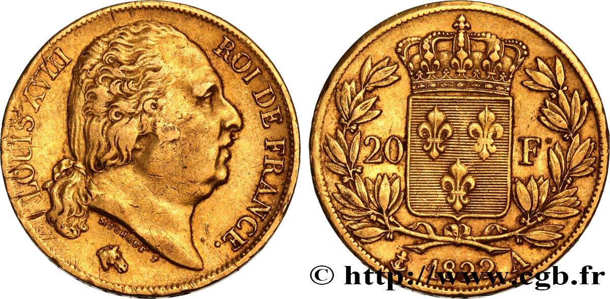 20 francs or Louis XVIII, tête nue 1822 Paris F.519/26 SS45 