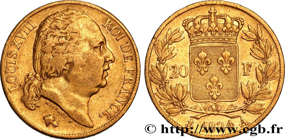 20 francs or Louis XVIII, tête nue 1824 Paris F.519/31 MB38 