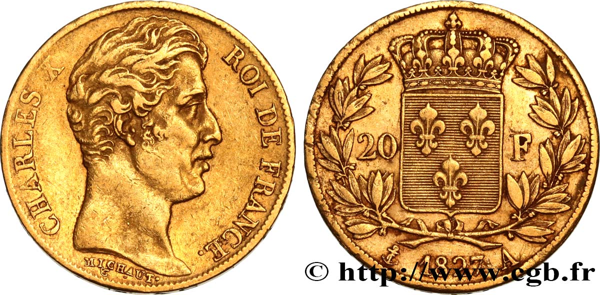 20 francs or Charles X 1827 Paris F.520/6 XF45 