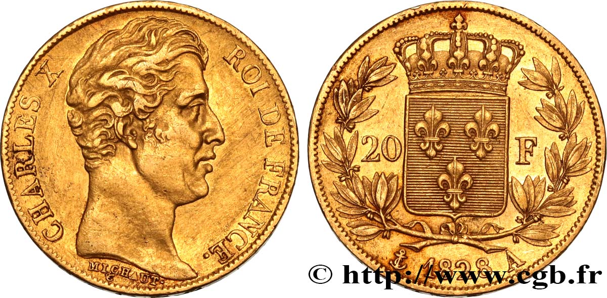 20 francs or Charles X, matrice du revers à cinq feuilles 1828 Paris F.521/2 fVZ 