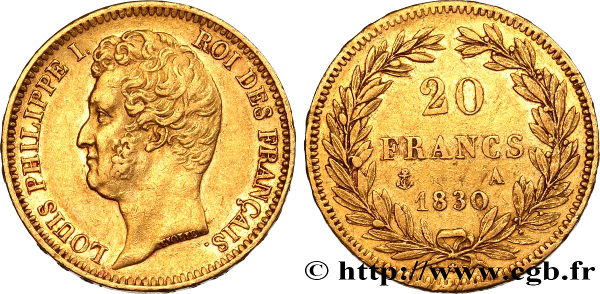 20 francs or Louis-Philippe, Tiolier, tranche inscrite en relief 1830 Paris F.525/1 MBC48 