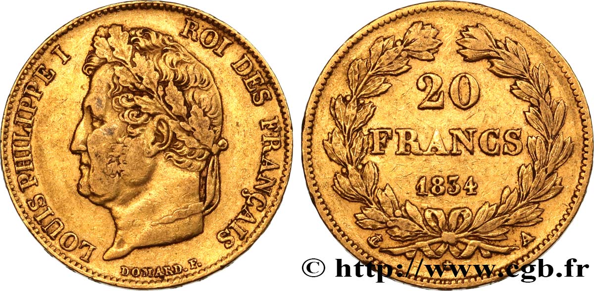 20 francs or Louis-Philippe, Domard 1834 Paris F.527/7 SS40 