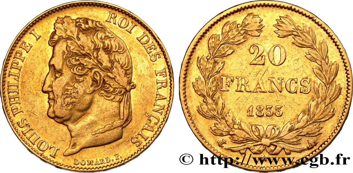 20 francs or Louis-Philippe, Domard 1833 Paris F.527/4 XF40 