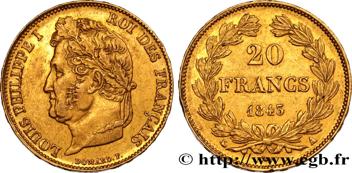 20 francs or Louis-Philippe, Domard 1843 Paris F.527/29 MBC50 