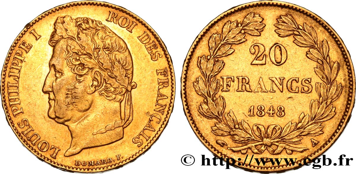 20 francs or Louis-Philippe, Domard 1848 Paris F.527/38 XF48 