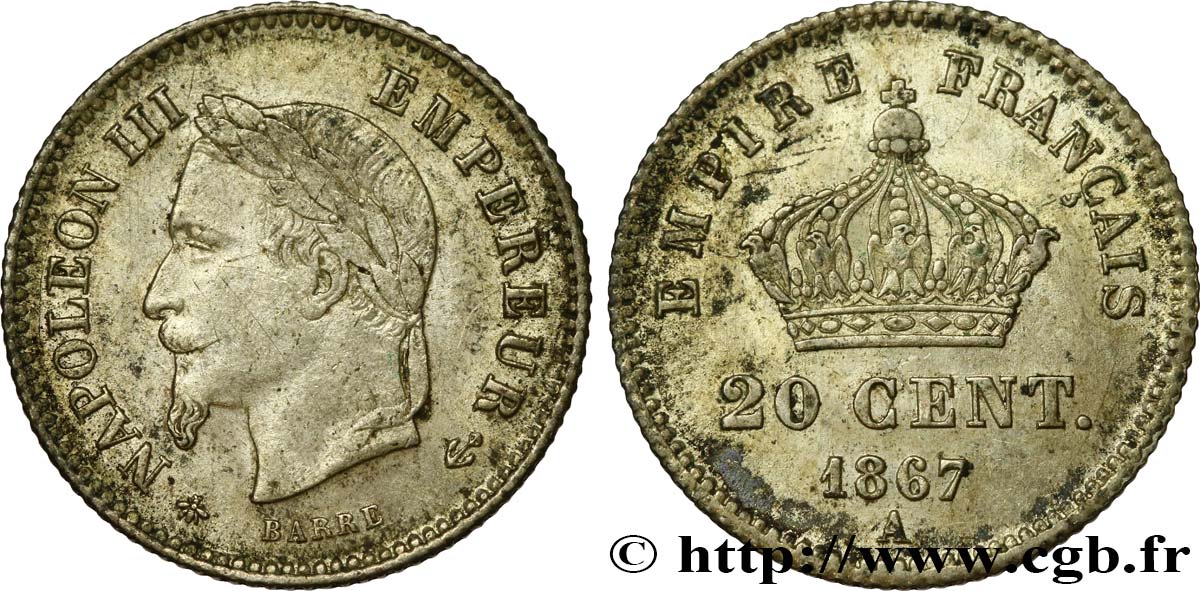 20 centimes Napoléon III, tête laurée, grand module 1867 Paris F.150/1 BB 