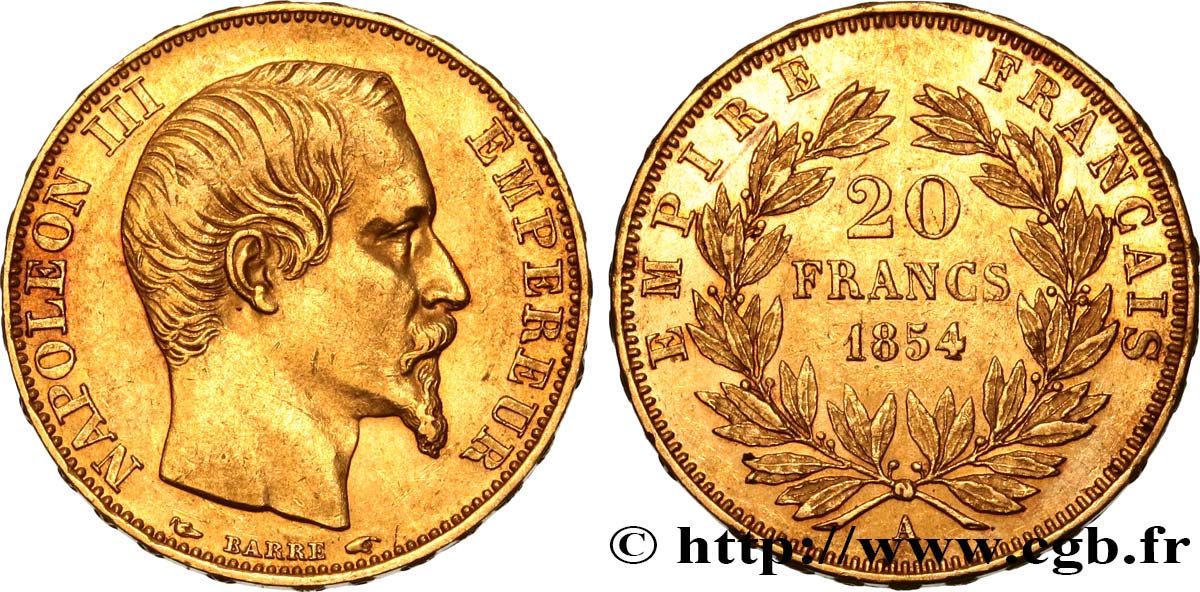 20 francs or Napoléon III, tête nue 1854 Paris F.531/2 AU50 
