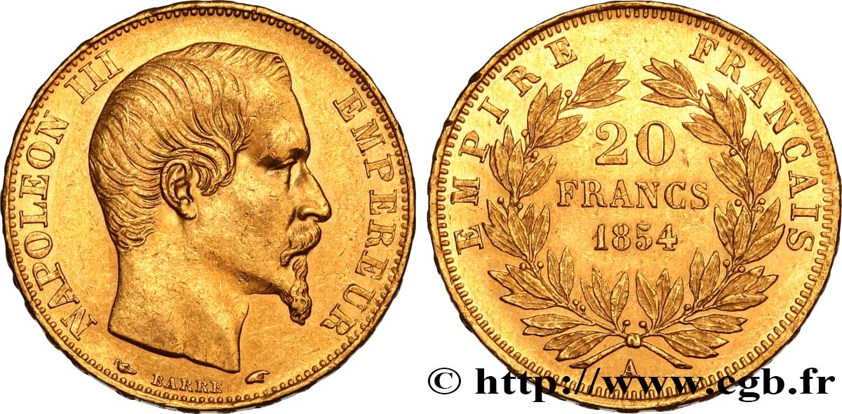 20 francs or Napoléon III, tête nue 1854 Paris F.531/2 AU55 