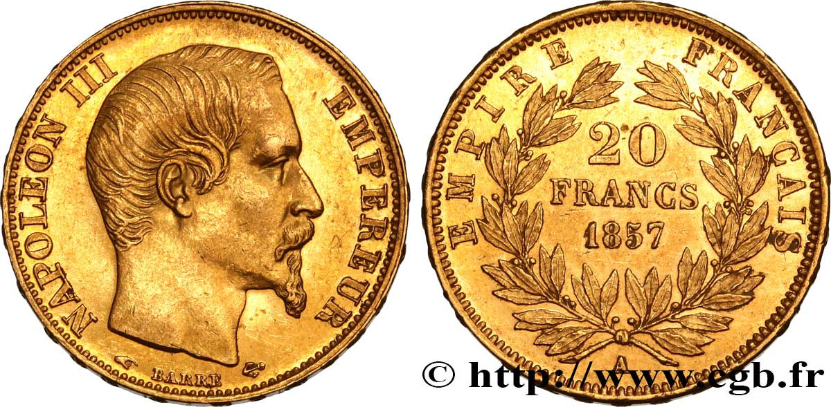 20 francs or Napoléon III, tête nue 1857 Paris F.531/12 AU58 